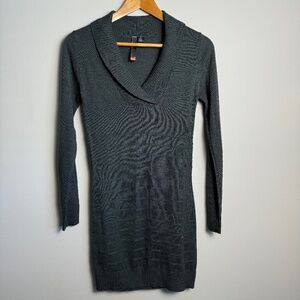 Le Temps des Cerises Long Sleeve Cowl V-Neck Sweater Dress Greenish-Gray Small